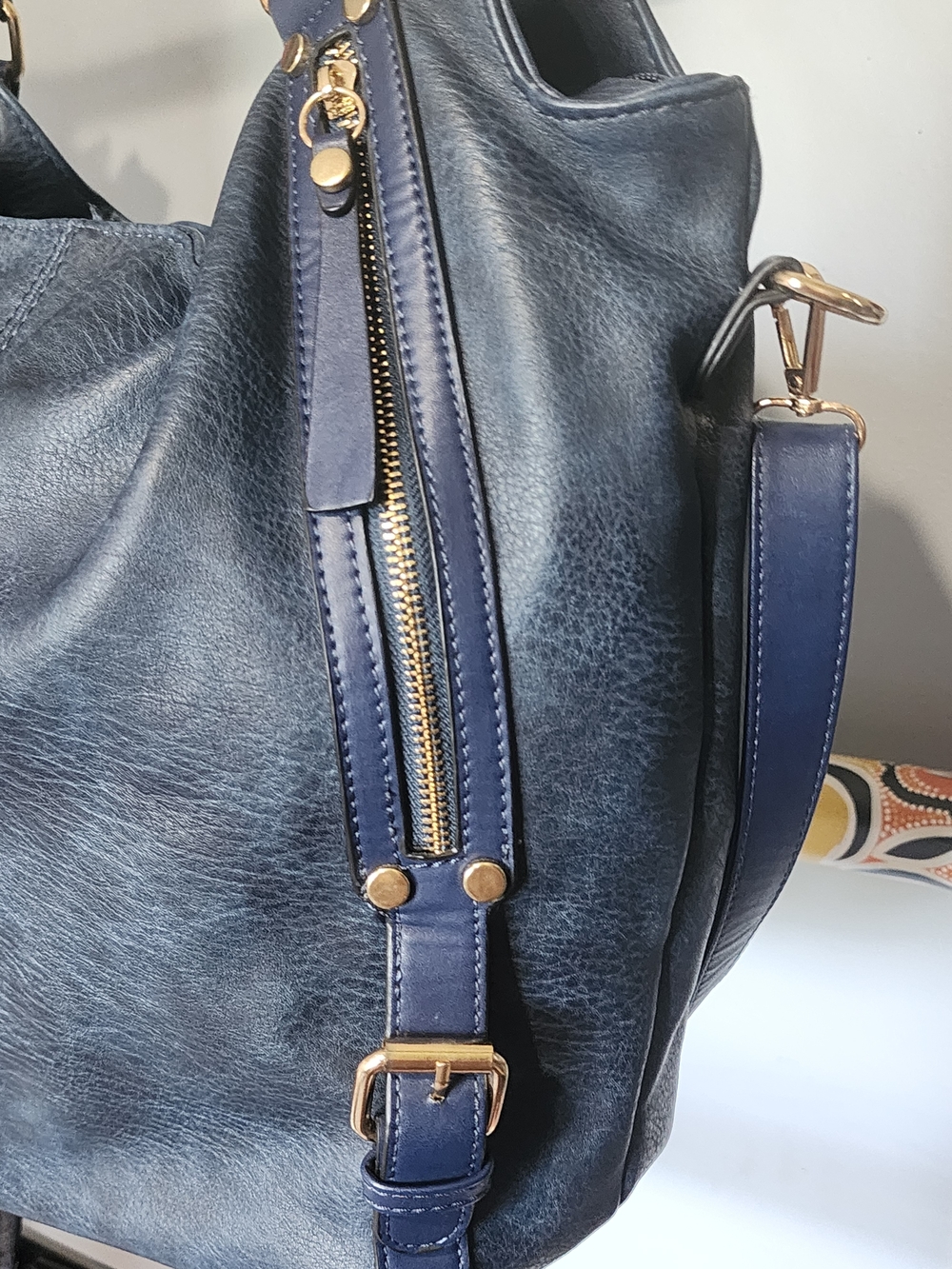 Classic Navy Vegan Leather Tote Bag with Detachable Strap 17x11 - Picture 3 of 8